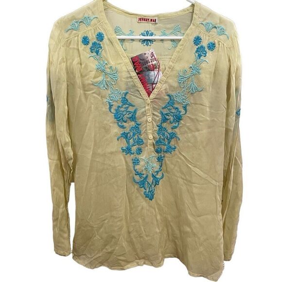Johnny Was Tunic Women’s S Pastel Yellow Embroidered Boho Cupro NWT - Picture 1 of 6